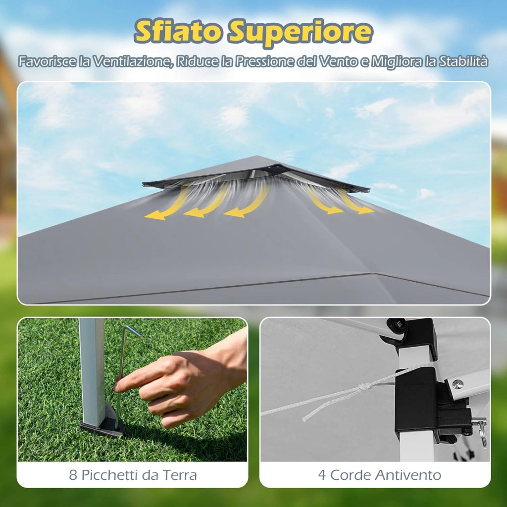 Tenda Pop-up Esterno 4x4 m Doppio Tetto, Gazebo da Giardino Altezza Regolabile con Fori di Drenaggio, Tenda da Giardino Antivento Facile da Montare con Borsa di Trasporto (Grigio)