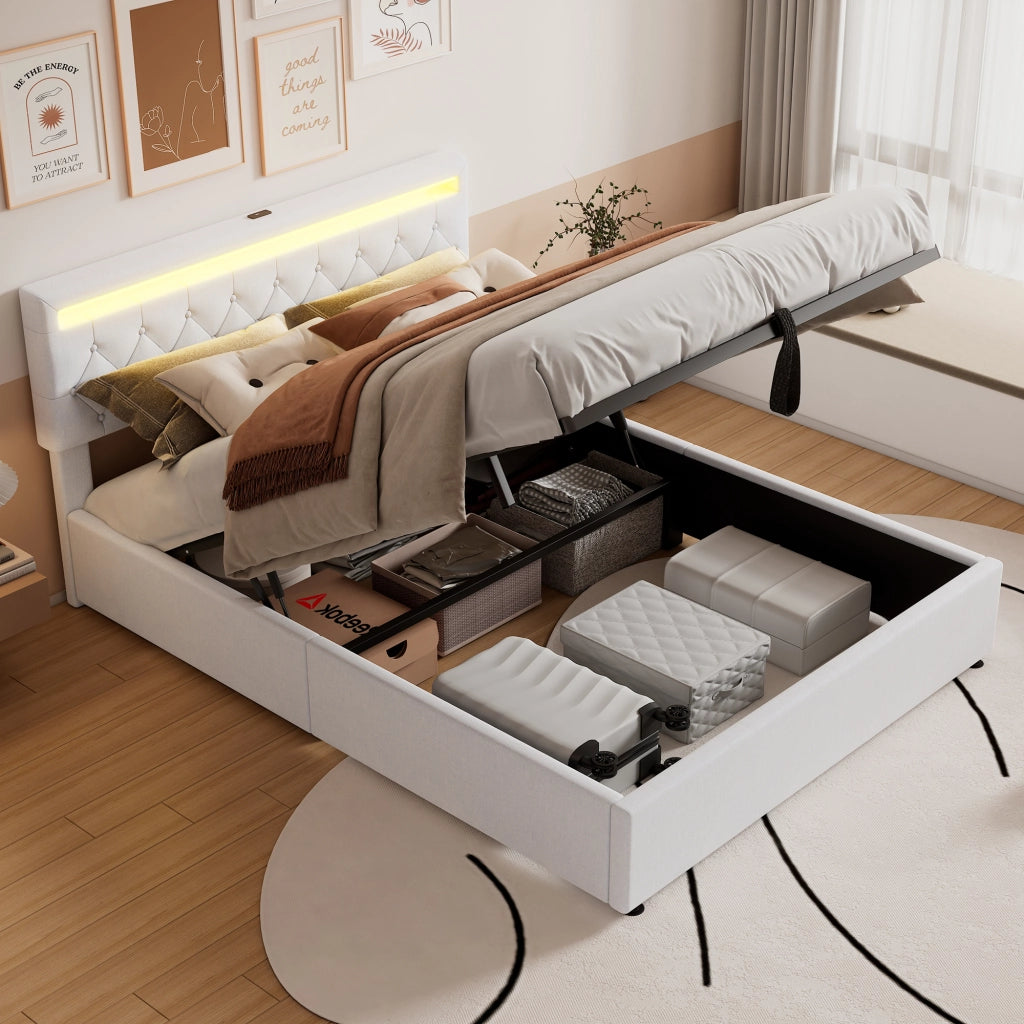Letto imbottito 160 × 200 cm con contenitore, led, usb e usb-c, senza materasso, bianco