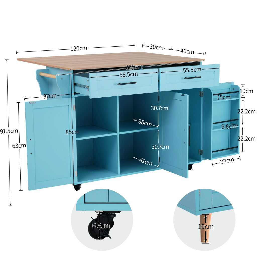 Isola da Cucina Mobile 129x46/71x91,5 cm Azzurra e Legno con Piano Ribaltabile, 2 Cassetti e 5 Ruote