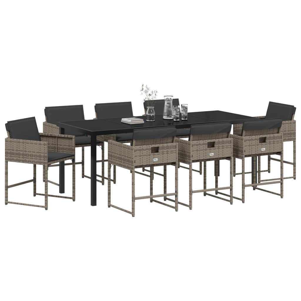 Set da Pranzo per Giardino 9 Pezzi con Cuscini Grigio Rattan PE