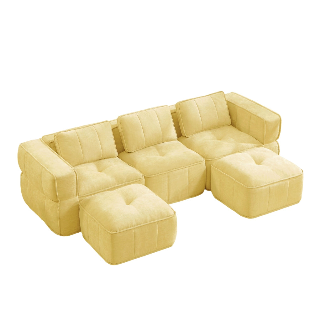 Divano modulare a U con due pouf, schiuma 32D, seduta profonda, senza struttura, per salotto, in poliestere giallo