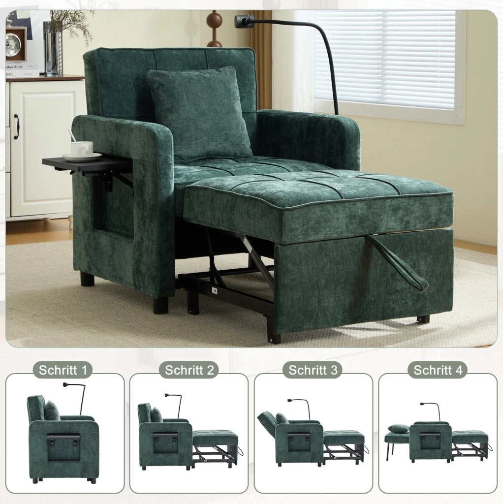 Poltrona letto 2 in 1 in tessuto Chenille verde con tavolino e scomparti portaoggetti