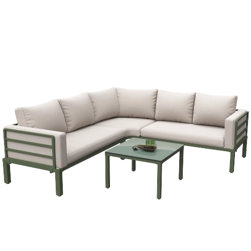 Set Mobili da Giardino con Cuscini Beige ¨C MINIMAL ¨C Poltrona, Divano, Tavolino in Vetro, 4-5 Posti