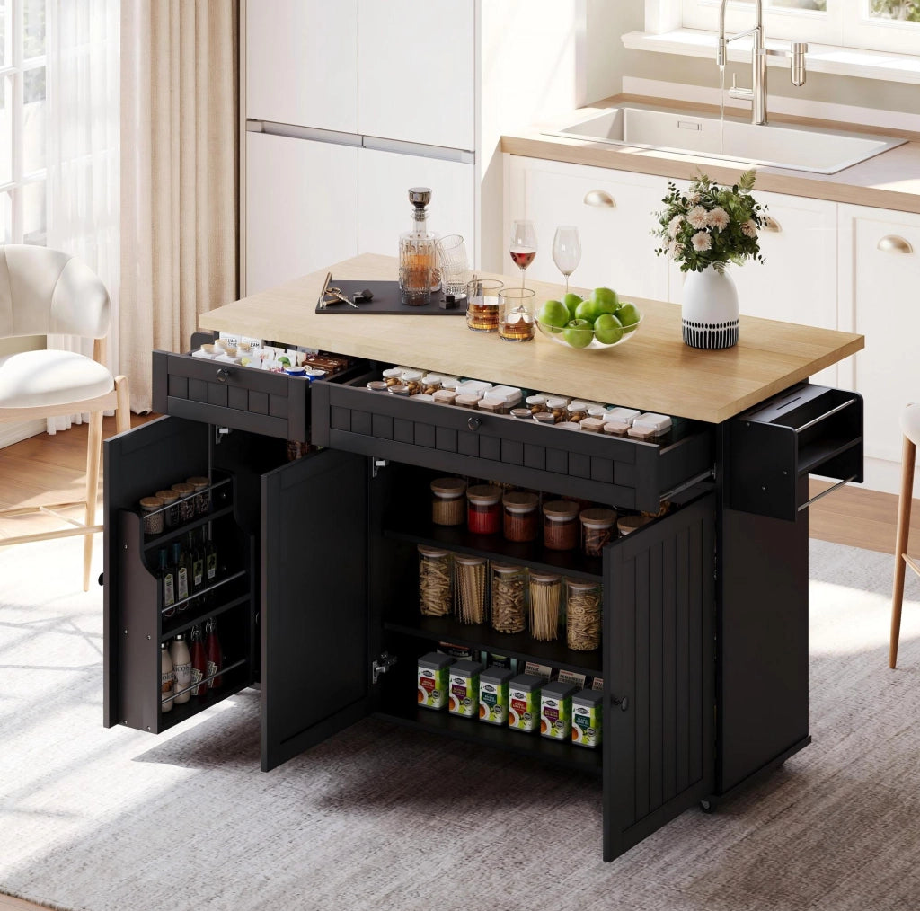 Isola cucina con piano ribaltabile 137 cm; mobile su ruote con cassetti; ripiani; MDF nero naturale