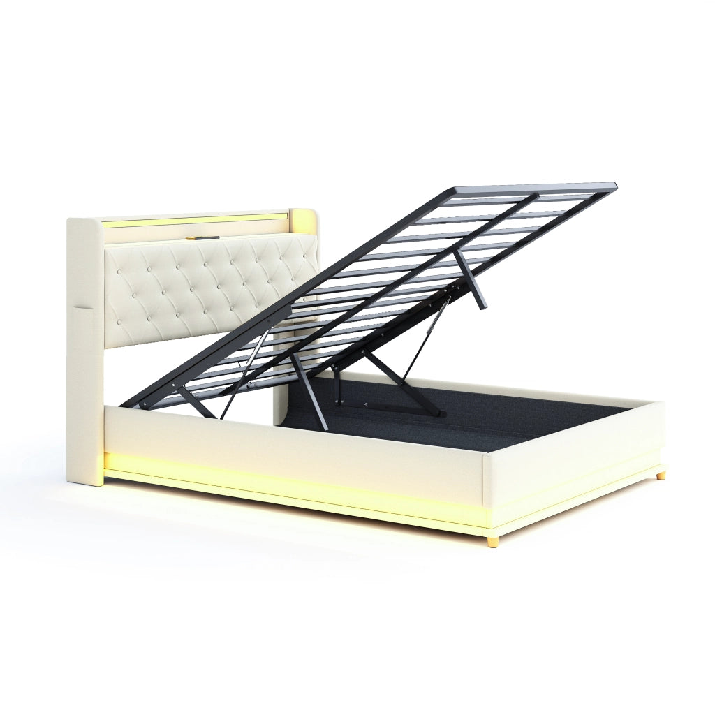 Letto Contenitore 140x200 cm con LED; USB e vano idraulico in Tessuto Beige