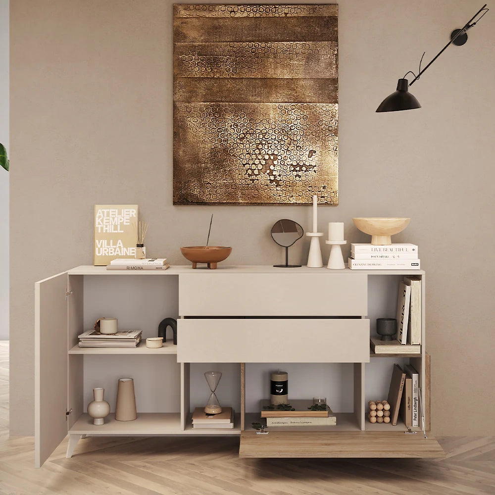Madia 1 anta, 2 cassetti e 2 vani Linea MONACO L 181 x H 94 x P 42, realizzata in legno 100% MADE IN ITALY, design moderno per cucina, sala da pranzo, soggiorno colore Cashmere/Rovere