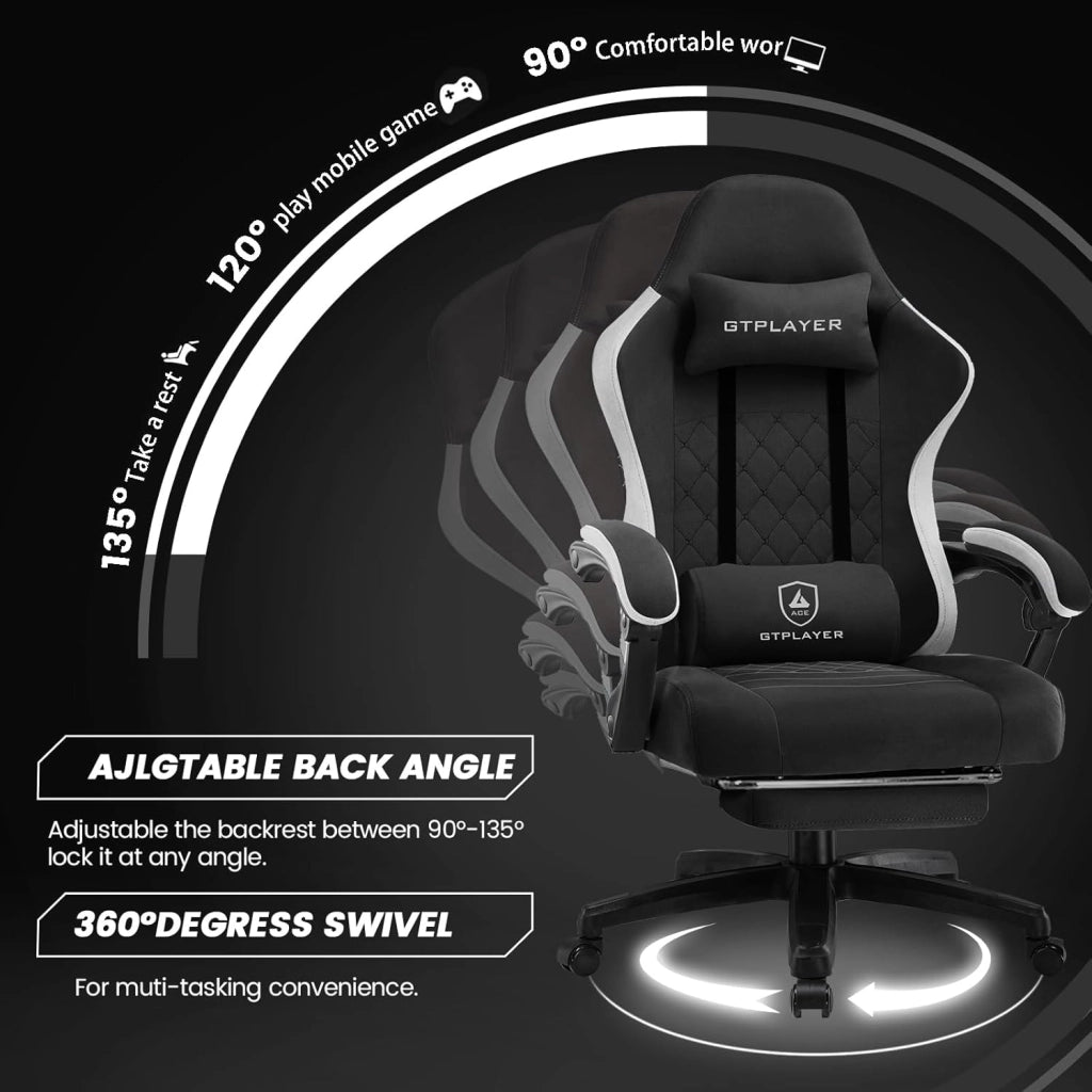Sedia da gaming, ergonomica, da scrivania, con superficie in tessuto, cuscino a molla, braccioli di collegamento e poggiapiedi, nero scuro
