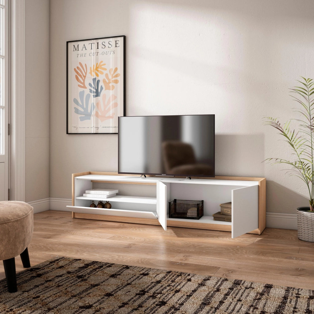 Mobile TV Soggiorno, 207x50x37 cm, Per TV fino a 80", Mobile Soggiorno, Bianco e Rovere soft