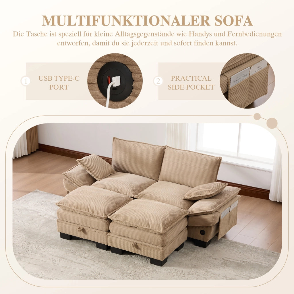 DIVANO MODULARE 2 POSTI CON 2 HOCKER 190x132x84 cm CORDUROY KHAKI