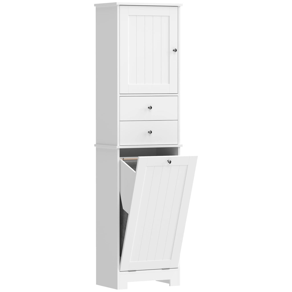 Mobile Alto da Bagno 45x30x171 cm con Cesto per Biancheria a Ribalta in Legno Bianco