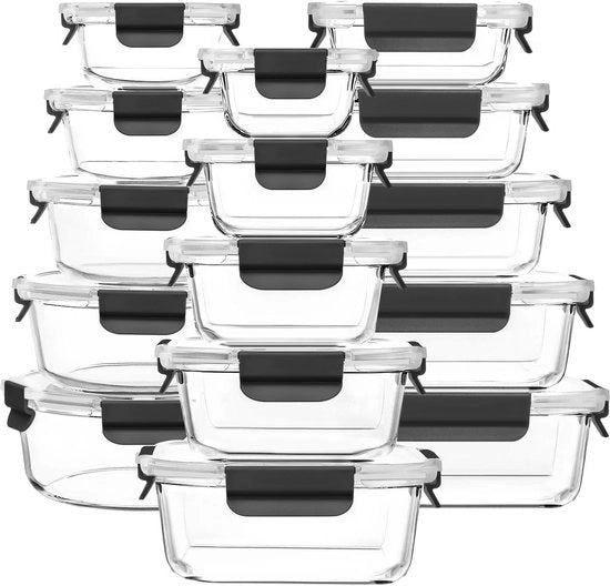 Set di contenitori in vetro per pasti, 15 pezzi, con coperchi ermetici, magnetron, congelatore e lavastoviglie resistenti.