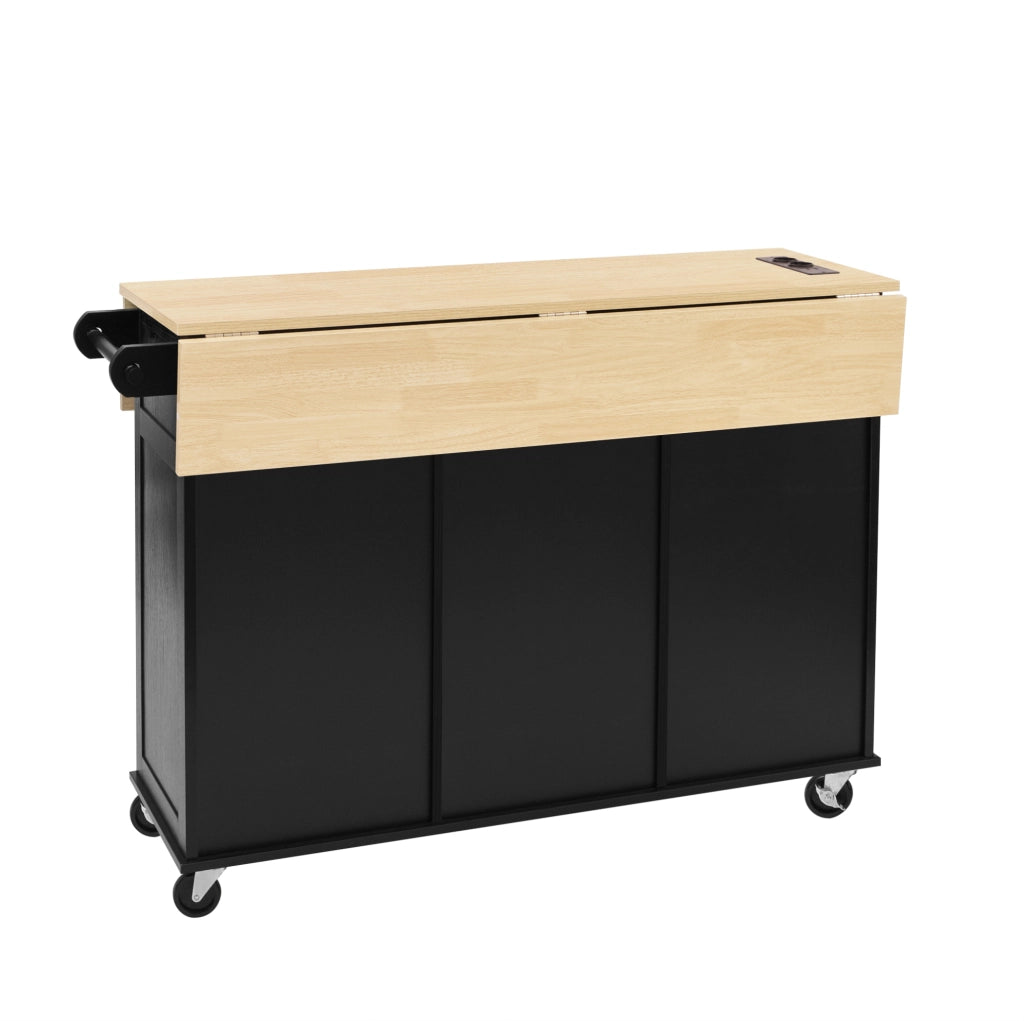 Isola da cucina mobile con piano pieghevole; prese AC USB e USB-C; MDF nero e naturale