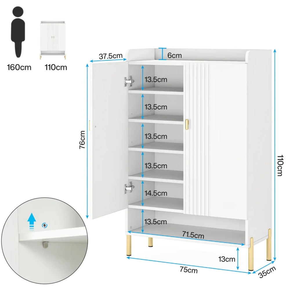 Scarpiera ULEVR 75x36,5x110 cm a 6 livelli con 2 ante e ripiani regolabili, bianca e oro