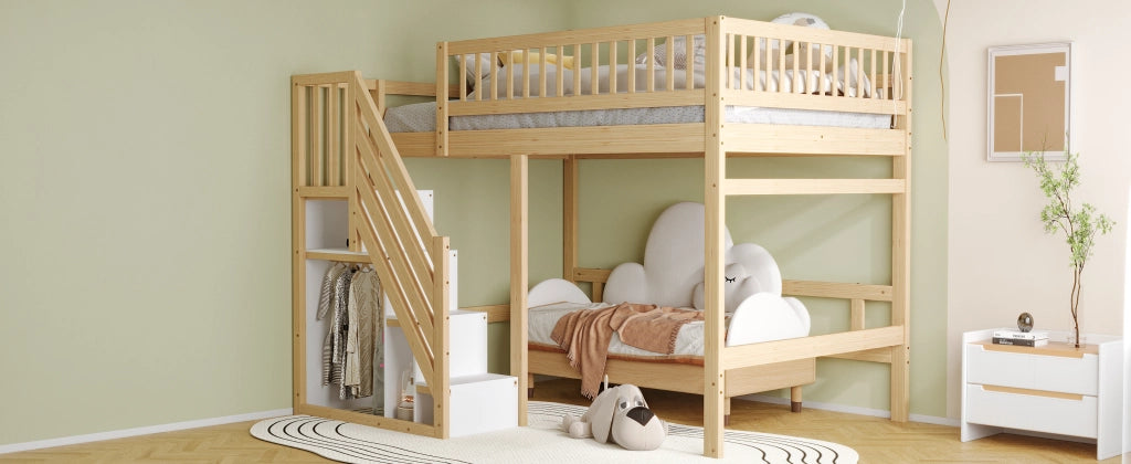 DESMIU Letto a soppalco 2 posti con scala contenitore e sponda alta, 140 × 200 cm, senza materasso