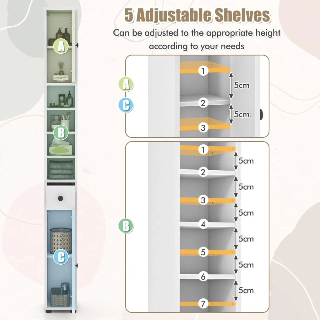 Scaffale Bagno Colonna 20 x 20 x 180 cm, Armadio da Bagno Sottile con Cassetto, 2 Ante e 4 Ripiani Aperti, Armadio per Bagno e Soggiorno