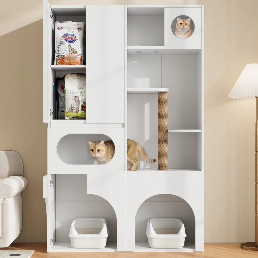 Mobile contenitore con 2 spazi per lettiera; tiragraffi e area relax per gatti e cani; in MDF; bianco; 140×45×195 cm