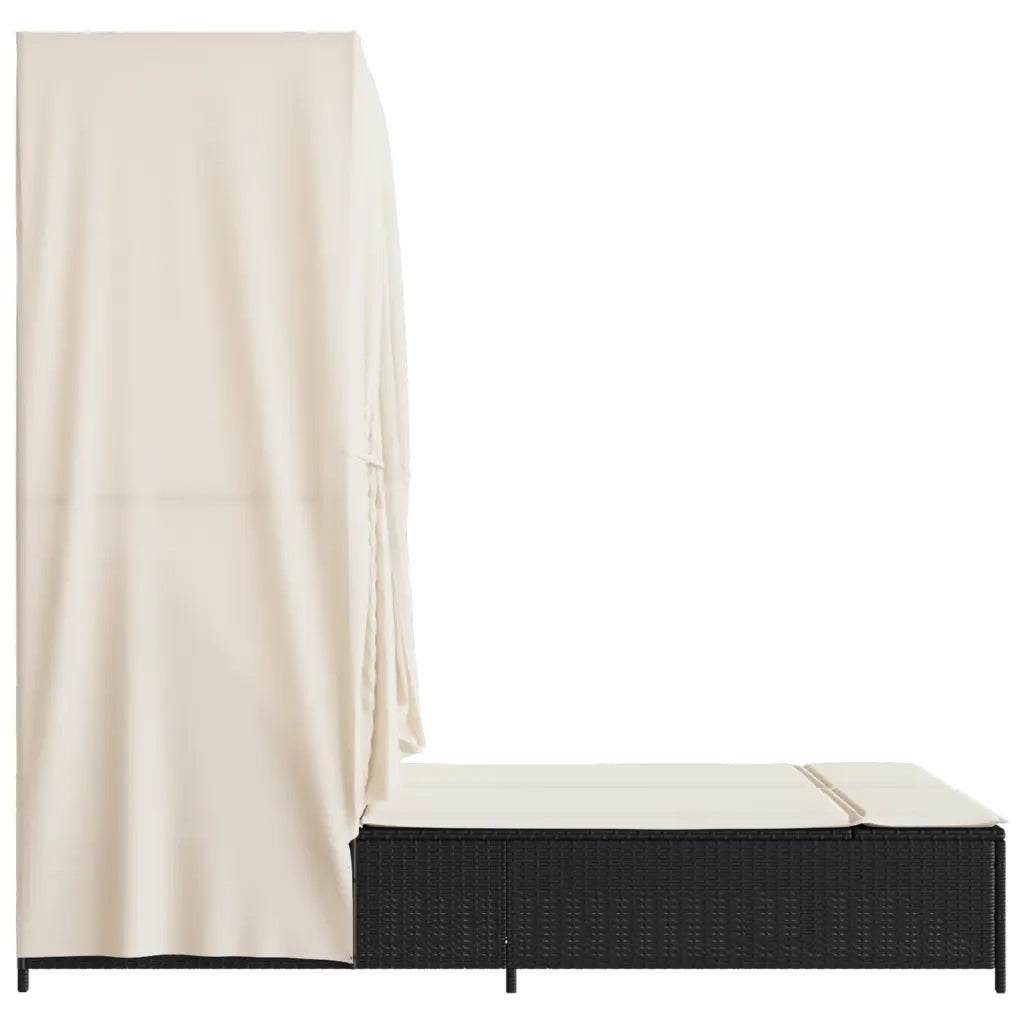 Lettino Prendisole con Tetto e Tende Nero in Polyrattan 368099