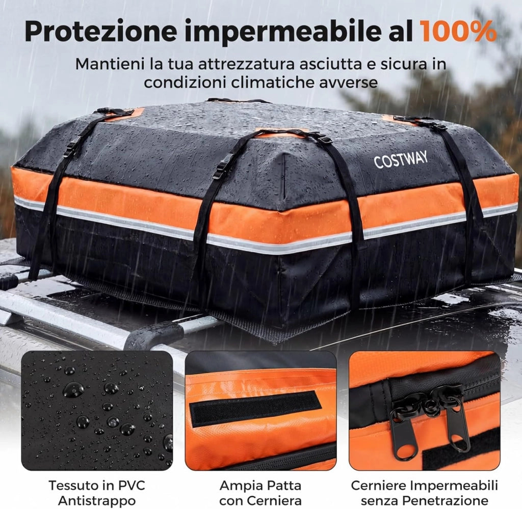 Borsa da Tetto per Auto, Box Portapacchi con Impermeabile e Alta Adattabilità, Baule con Tappetino Antiscivolo, Striscie Riflettenti, Lucchetto e 8 Corde di Fissaggio (450 L,Arancione)