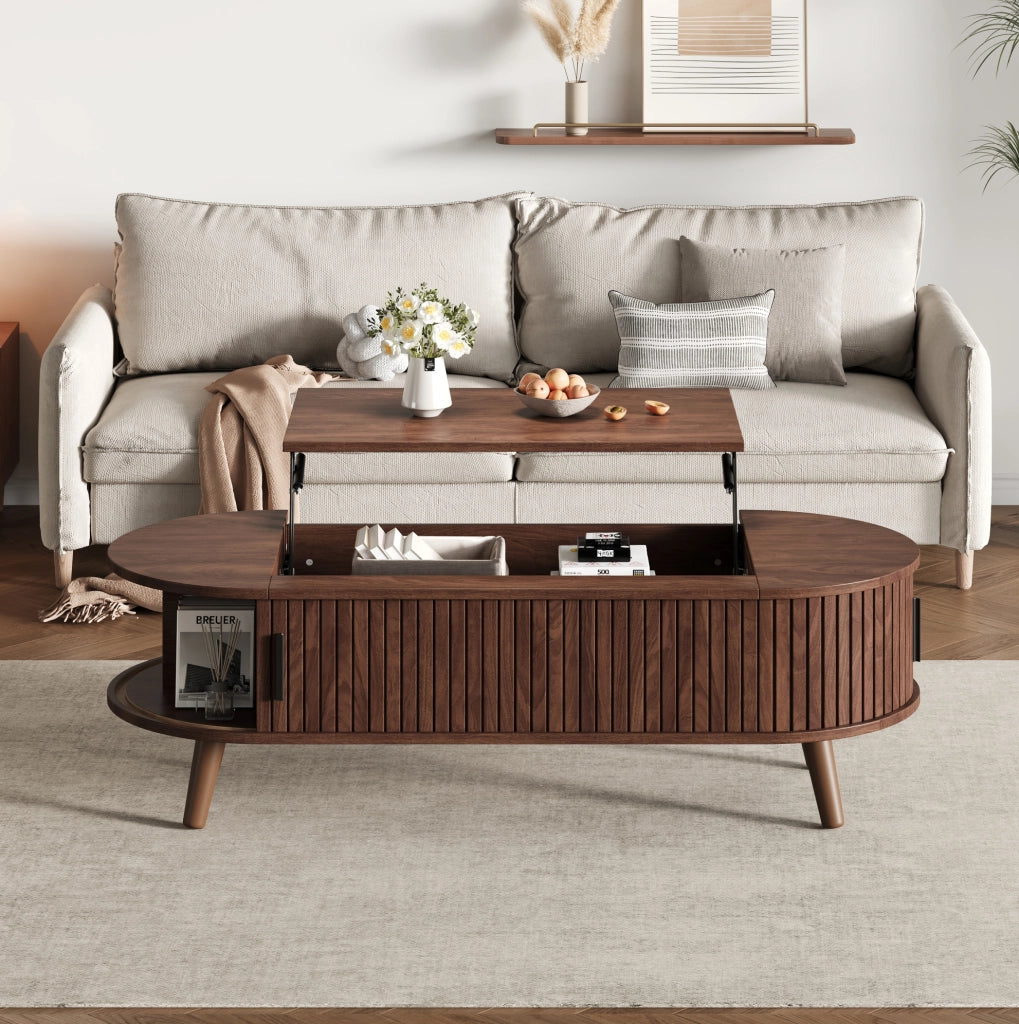 Tavolino da salotto sollevabile 120 x 50 x 39;5 cm in MDF; colore noce con vano portaoggetti