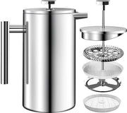 Caffettiera a Stomaco di Acciaio Inossidabile 1.0 L - Caffettiera a Doppia Parete con Isolamento Termico e Sistema di Filtraggio a 3 Nivele - 1 Filtro Extra - Argento