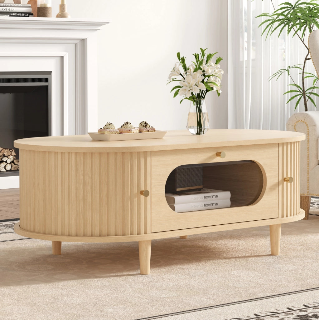 Tavolino da salotto 100x50x36 cm in MDF effetto legno; con cassetto e ante a serranda; oak