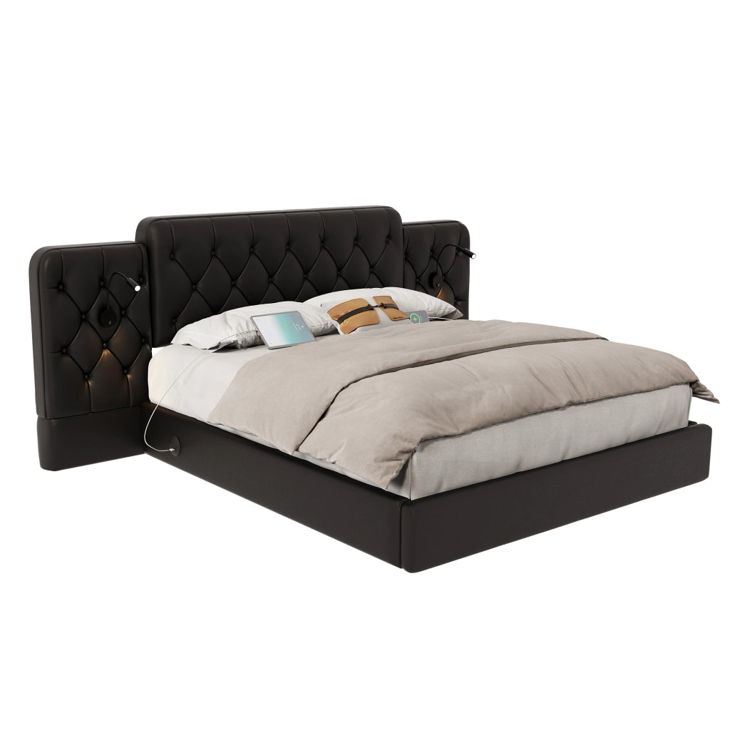 OKWISH Letto Contenitore 160×200 cm, Letto Matrimoniale con USB, Luci da Lettura e Contenitore, senza Materasso, in Ecopelle PU, Nero