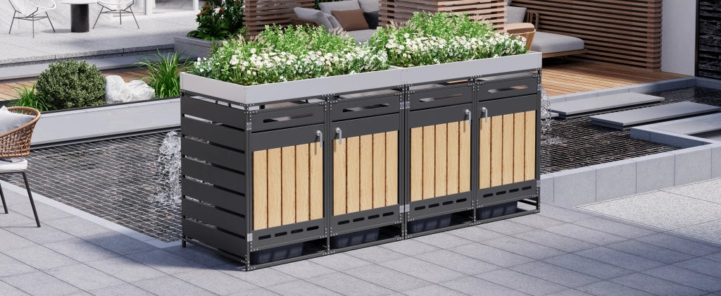 OKWISH Copribidoni 4 Scomparti con Fioriera, Ante con Serratura, Ventilazione, in Ferro Nero