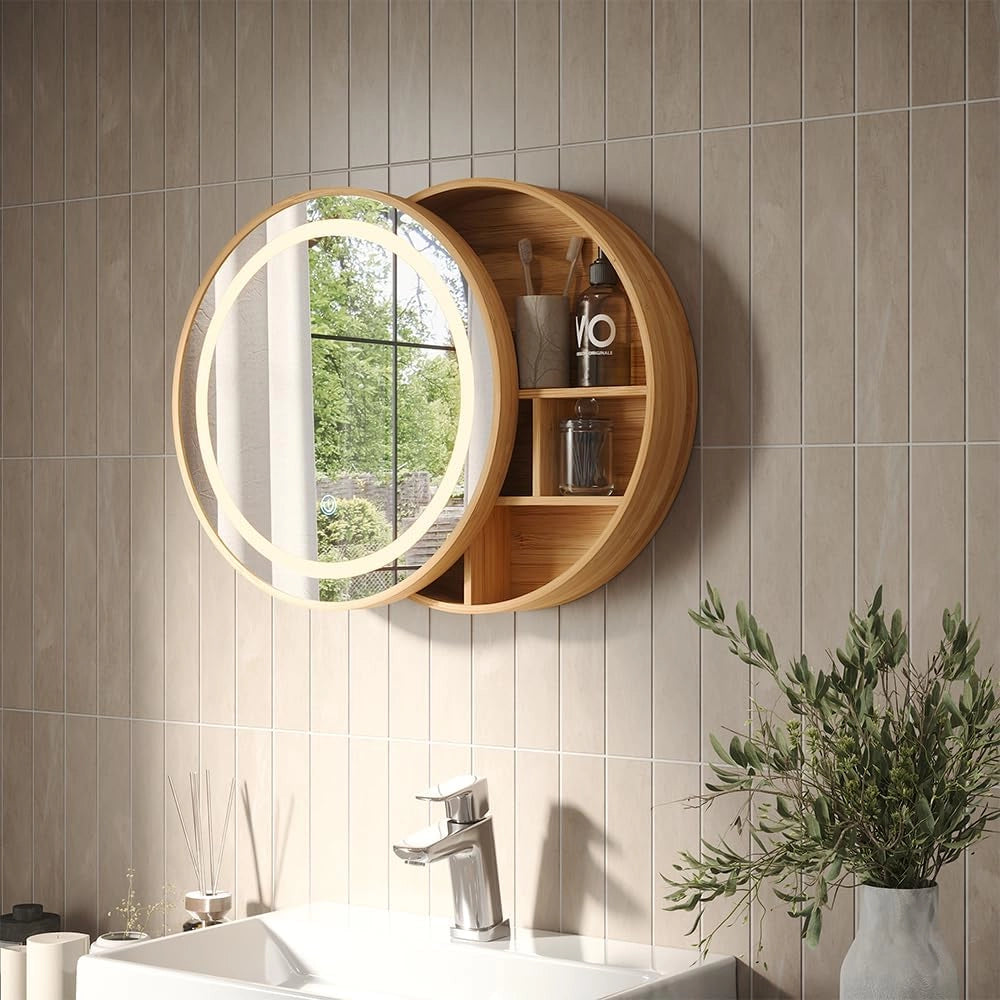 Specchio contenitore bagno Silva, Bambù, 50 x 50 cm con 5 vani portaoggetti, per montaggio a parete con illuminazione LED integrata