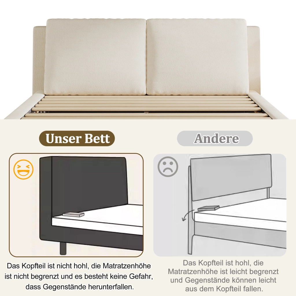 LETTO 180x200 cm con rete a doghe, testiera imbottita, Beige Bouclé