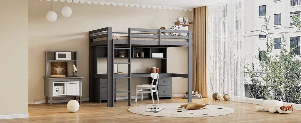 DESMIU Letto a soppalco singolo con scrivania, 4 cassetti e 4 ripiani 90 × 200 cm senza materasso pino grigio