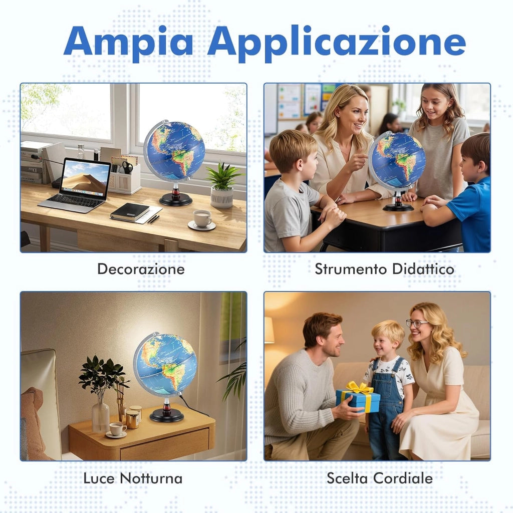 COSTWAY Mappamondo con Luce, Globo Terrestre Illuminato da 30 cm, Supporto in Legno, Decorazione Educativa in l’Inglese, per Casa, Ufficio e Scuola