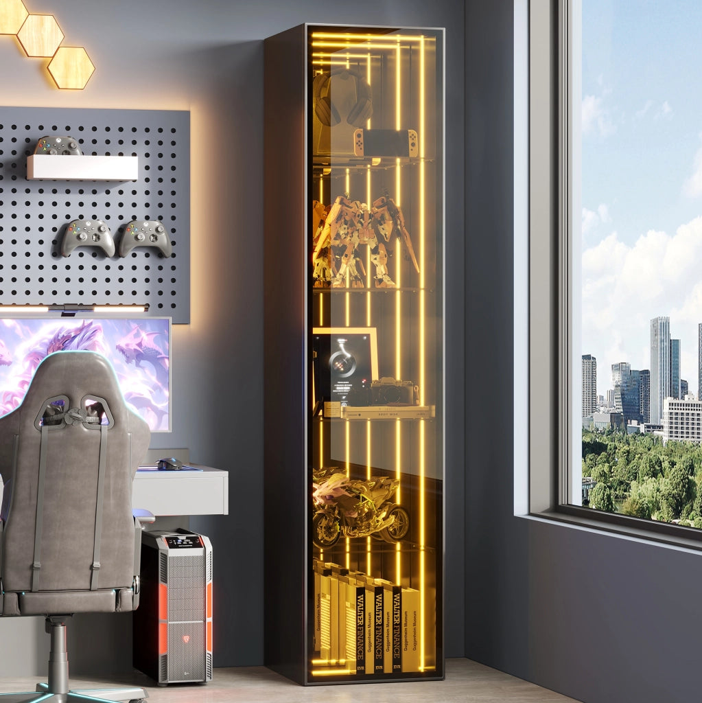 Vetrina in vetro temperato 30x30x160 cm con LED; 5 ripiani regolabili; MDF e alluminio; nera