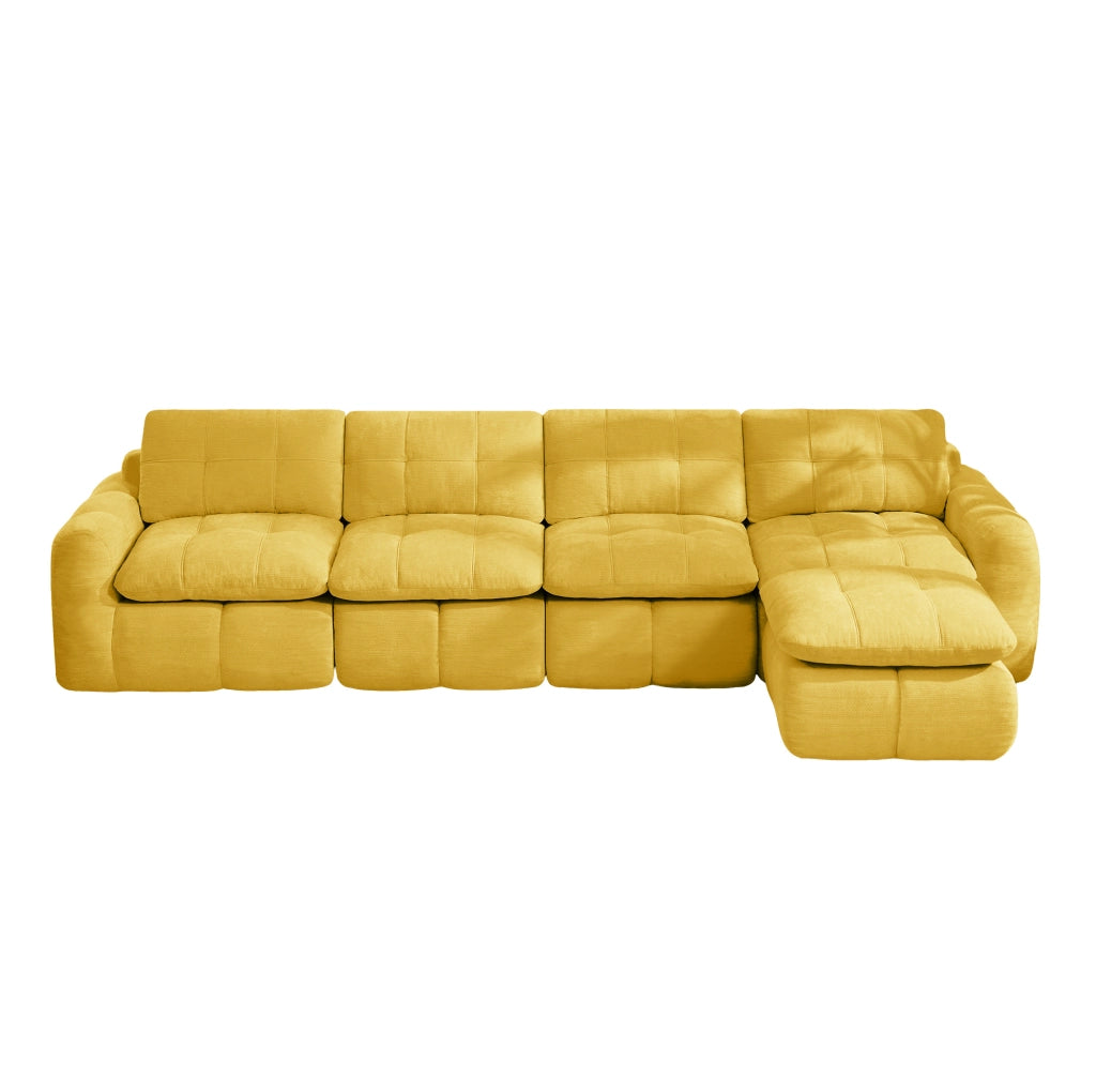 Divano modulare angolare 4 posti con pouf in ciniglia; giallo; 334x160 cm