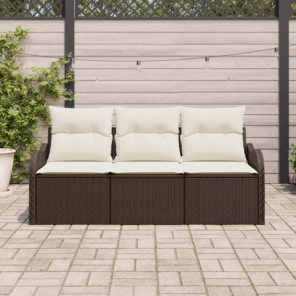 Set Divano da Giardino a 3 Pezzi con Cuscini Marrone in Polyrattan