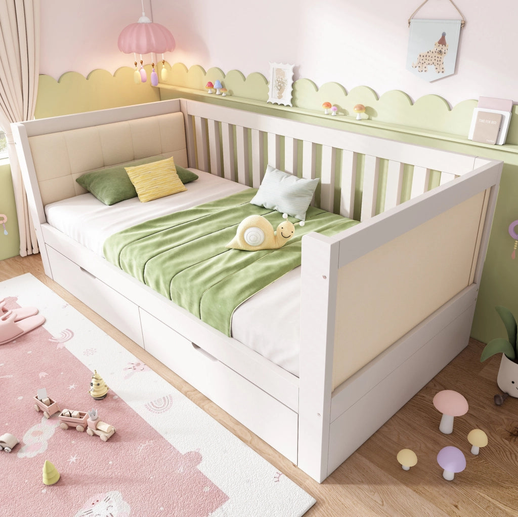 Letto singolo 90x200 cm bianco con 2 cassetti in legno