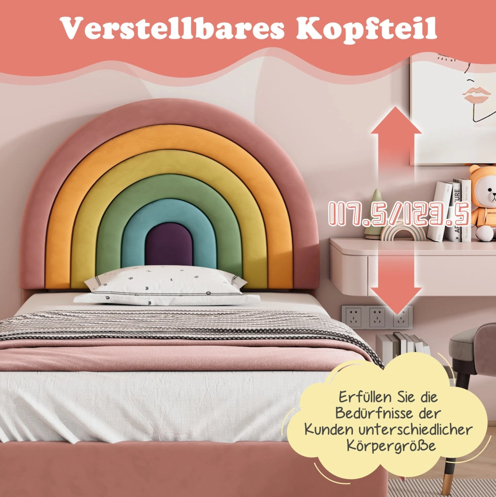 Letto imbottito 90x200 cm in velluto rosa con testiera regolabile e rete a doghe