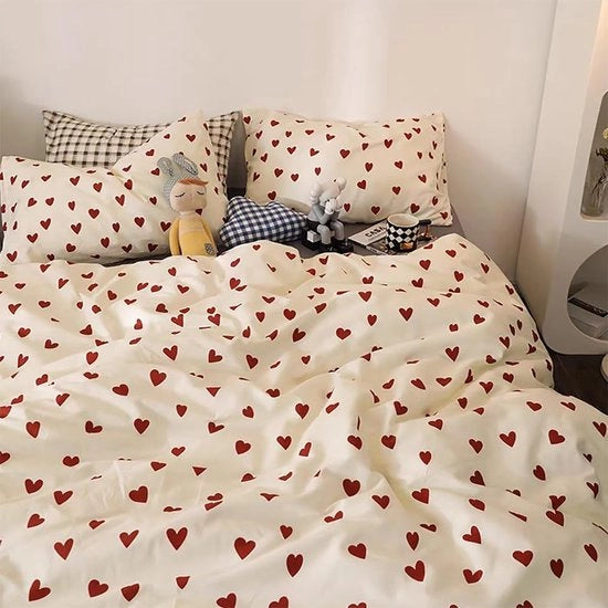 Set di coperte per bambini e adolescenti 135 x 200 cm con motivo di cuori rosso bianco, con cuscino e copri cuscino 40 x 80 cm in microfibra, con zip