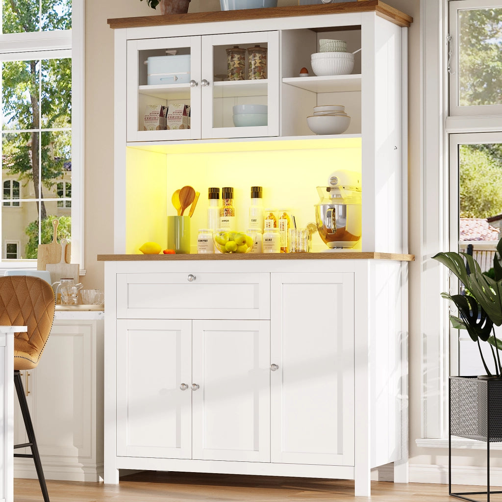 Credenza Alta da Cucina con Vetrina; 3 Ripiani Regolabili e LED; in MDF; Bianco; 104 x 40 x 180 cm