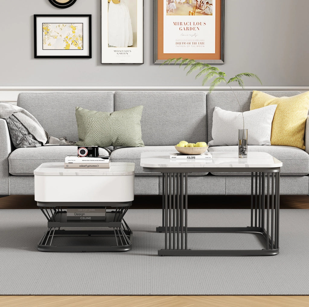 Set di tavolini da caffè 70x70x45 cm + 50x50x40 cm; piano effetto marmo; MDF e metallo; bianco e nero