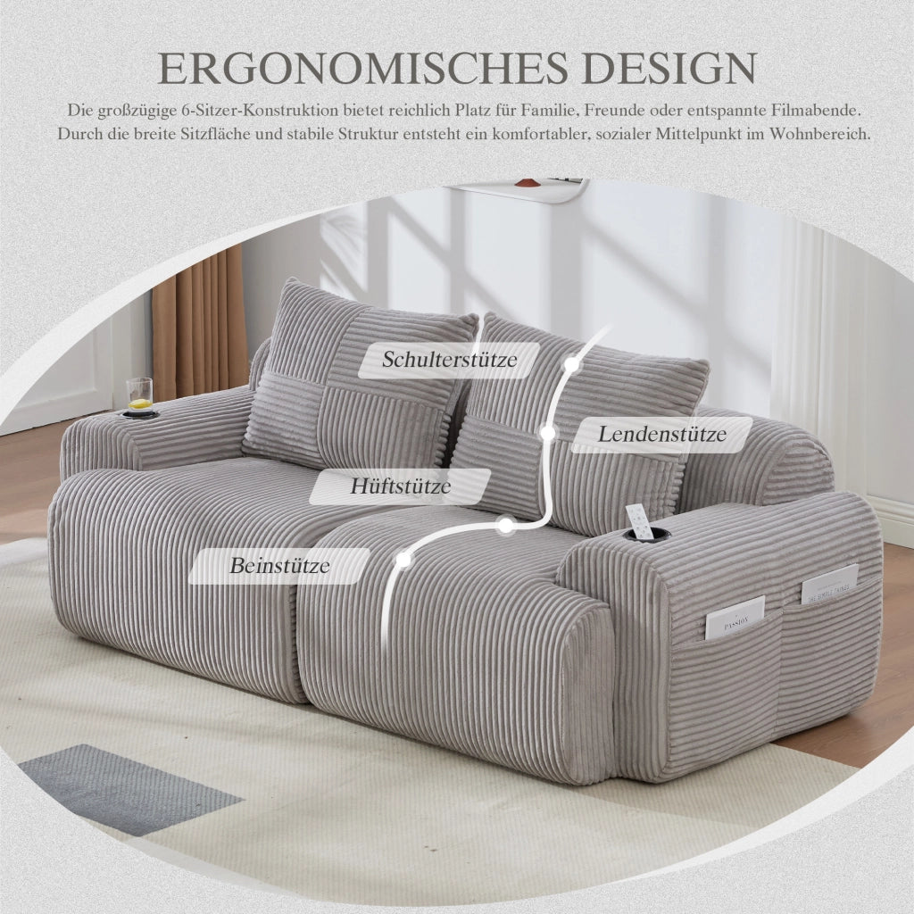 Divano modulare a 2 posti con portabicchieri e tasca laterale in corduroy per soggiorno moderno grigio chiaro
