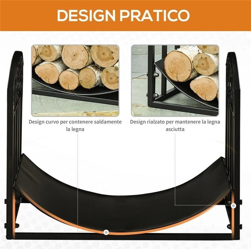 PORTALEGNA DA INTERNO ED ESTERNO IN METALLO CON RIPIANO CURVO FINO 60KG DI LEGNA NERO