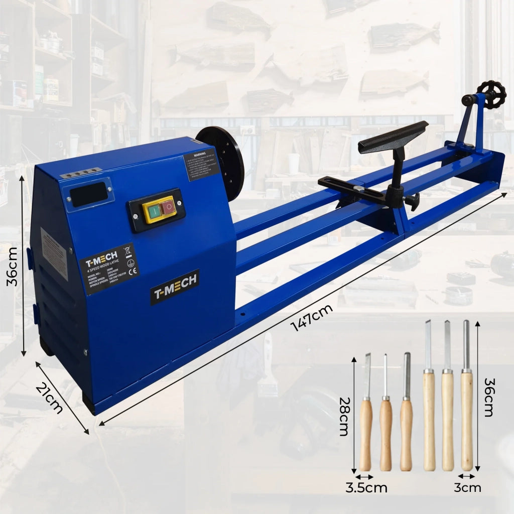 Tornio per Legno T-Mech 400W con 6 Scalpelli e 4 Velocità Regolabili