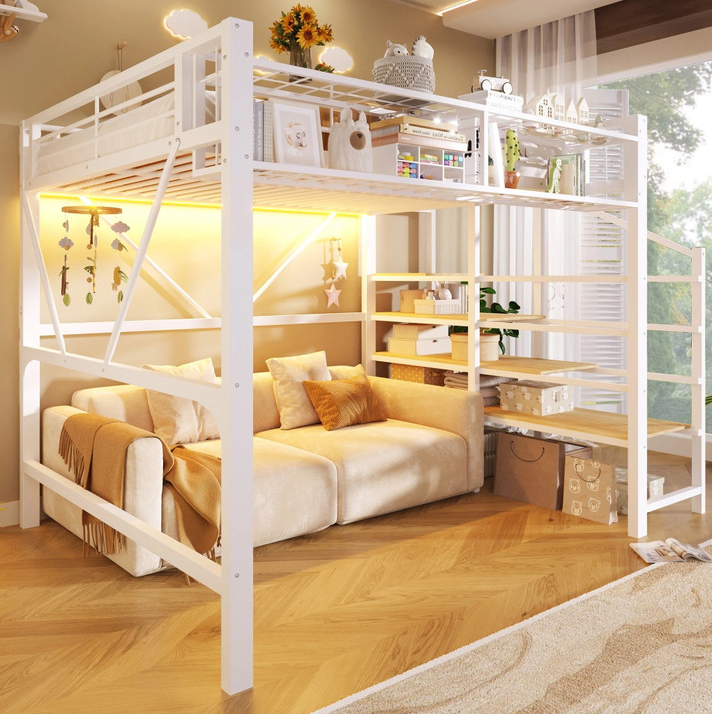 Letto a soppalco 140x200 cm in metallo e MDF con LED, bianco