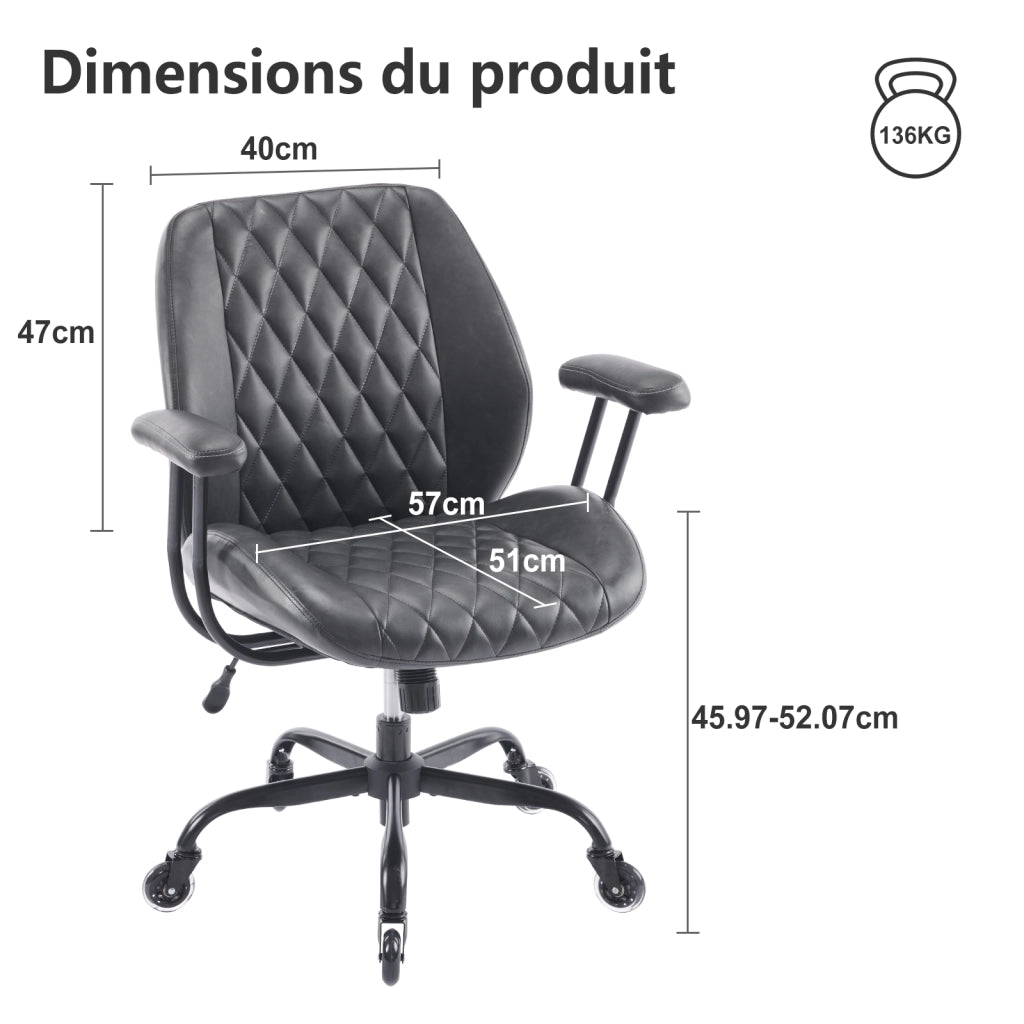 Sedia da ufficio ergonomica con schienale regolabile e seduta con molle in pelle nera per casa e ufficio 56 × 58 × 33 cm