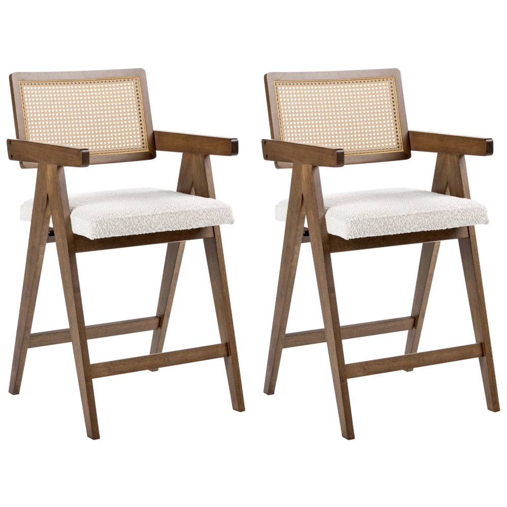 Set di 2 sedie da bar marrone e beige chiaro con struttura in legno di caucciù e sedile in bouclè Cucina da pranzo retrò