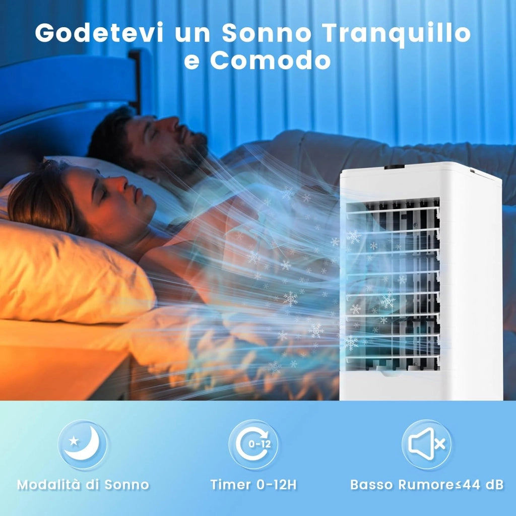 Condizionatore Portatile 3 in 1, Condizionatore d'aria Evaporativo portatile con Raffreddamento, Ventola e Umidificazione, 3 Velocità del Vento, 12H Timer, Doppio Serbatoio d'acqua(Bianco)