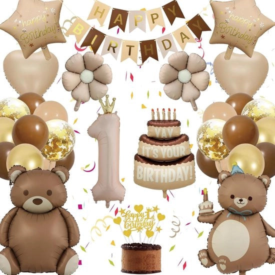 Decorazione di Compleanno per Bambino - Set di Palloni Marrone/ Oro - Incluso Banner, Decorazione di Torta e Decorazione di Festa