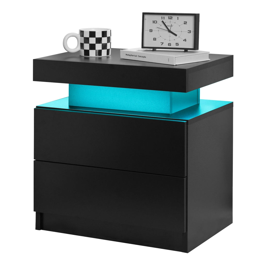 Comodino Moderno con Luci LED Regolabili, 2 Cassetti, Nero