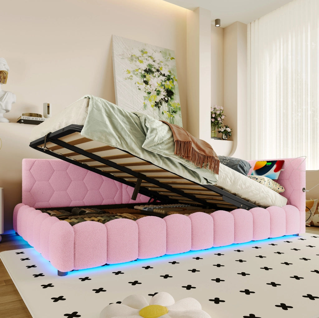 Letto da giorno 140x200 cm rosa con LED, USB e vano contenitore