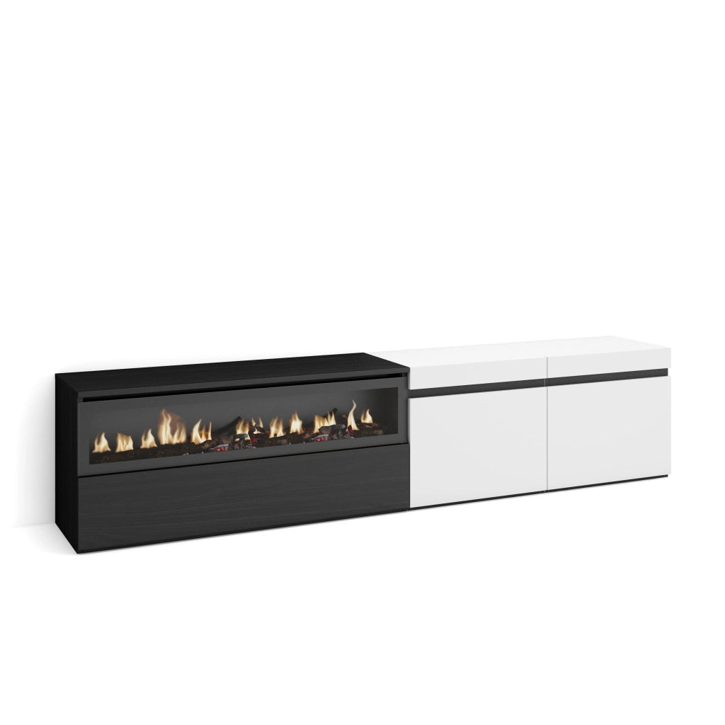 Mobile TV, 200x35x45cm, soggiorno, Per TV fino a 80", Camino elettrico, Bianco e nero RF2163